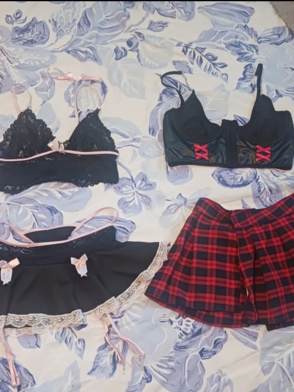Women’s Black Lace Bralette & Red Plaid Skirt Sleepwear Set